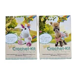 2 Mini Crochet Kits by Folia Unicorn & Lama DIY Craft Hook Book Yarn